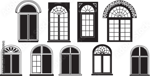 Collection of ten black silhouette architectural arched windows with various pane designs vector illustration