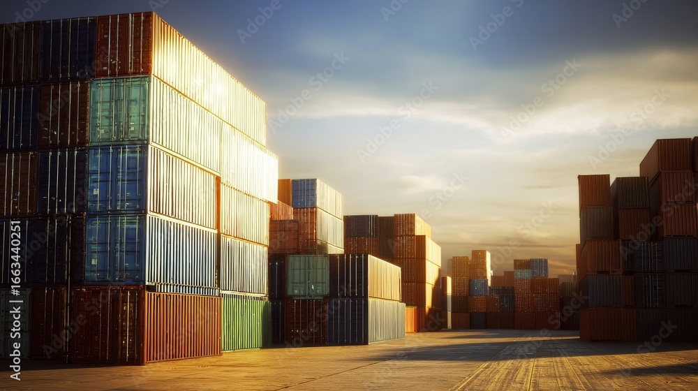 Fototapeta premium A large storage facility with organized rows of colorful shipping containers in red, blue, green, and brown,