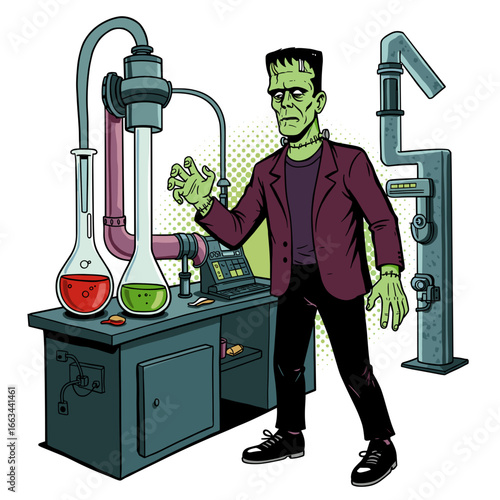 Frankenstein character in laboratory working with potions and equipment  