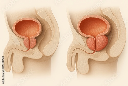 Comparative 3D render of male pelvis sagittal view. Left shows normal prostate beneath bladder with open urethra. Right shows enlarged prostate compressing urethra, and enlarged bladder.