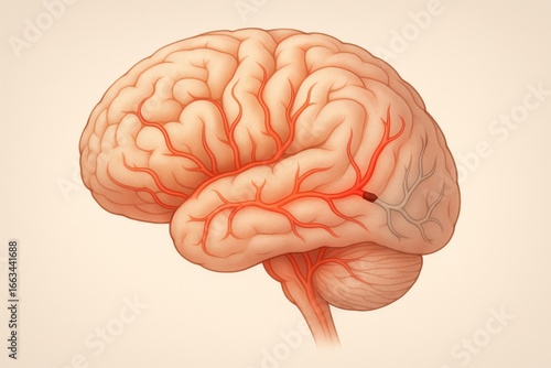3D visualization of brain with glowing red vessels, one branch severed by blood clot. Downstream vessels fade pale gray, symbolizing loss of blood supply in ischemic stroke, schematic educational.