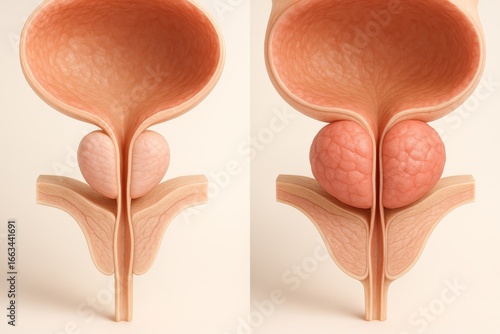 High-detail 3D render of male lower abdomen cutaway models. Left shows normal small smooth prostate under bladder with open urethra, right enlarged lobulated prostate compressing urethra