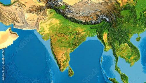 Detailed topographical map of the Indian subcontinent and surrounding regions, exhibiting diverse landforms and bodies of water.