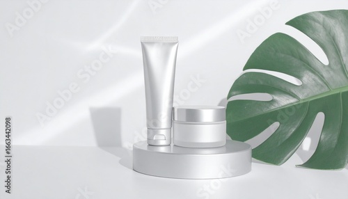 Wallpaper Mural Silver Cosmetic Products Display with Monstera Leaf Torontodigital.ca