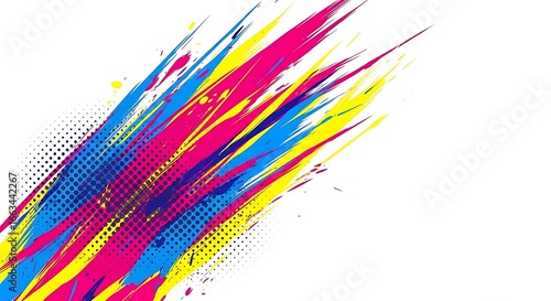 Vibrant abstract paint splatter with cmyk colors on white background