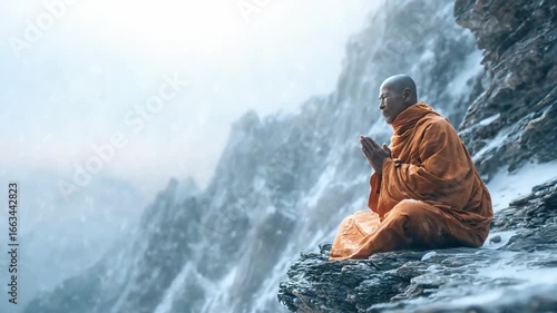 Serene Meditation on the Mountain: A moment of tranquility, as a monk sits in meditation on a rugged mountainside, enveloped by the stillness and silence.