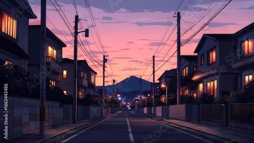 Peaceful residential street at dusk with power lines and mountains in background