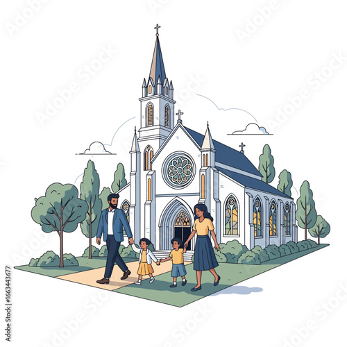 Family Going to Church Vector Illustration of a Christian Family Walking Towards a Religious Building with a Steeple