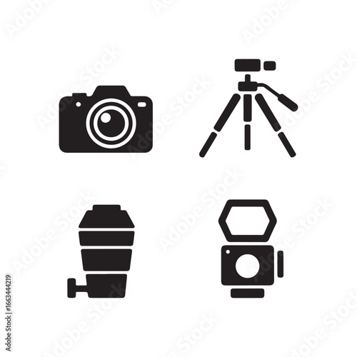 Collection of photography icons including camera lens tripod flash and digital camera equipment silhouette