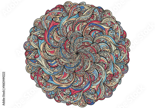 Intricate circular mandala design with organic swirling patterns and paisley motifs rendered in a vibrant color palette