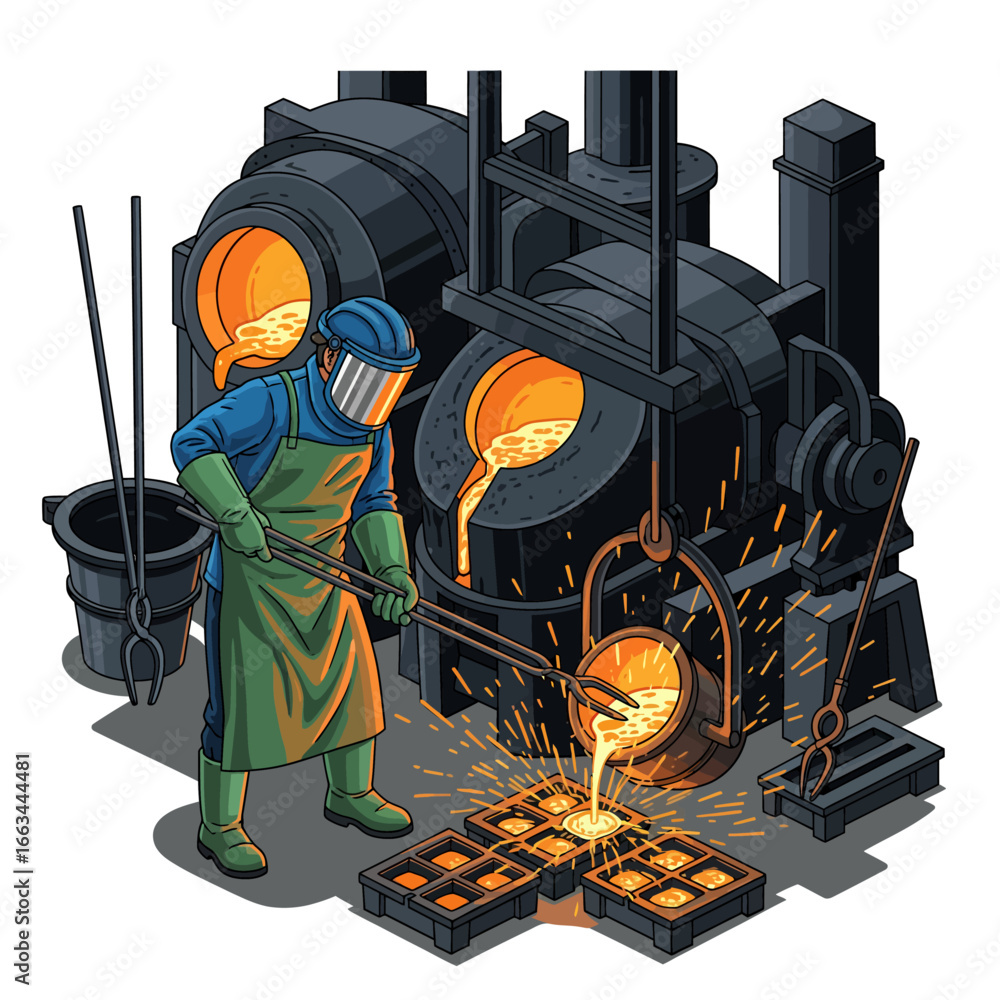 Samolepka A metal smelter helper pouring molten metal from a crucible into molds, showing