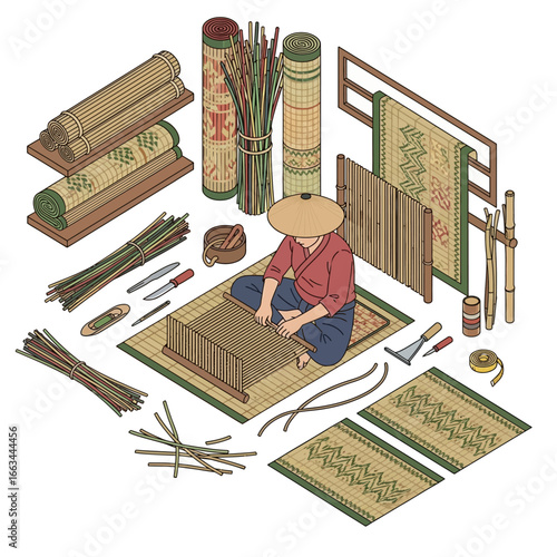 A mat weaver crafting a mat from natural materials in a workshop, showing traditional weaving skills and handmade craftmanship