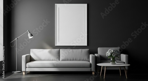 Wallpaper Mural A minimalist living room interior, featuring a blank white framed art piece, a light gray couch, a small round coffee table, and a floor lamp Torontodigital.ca