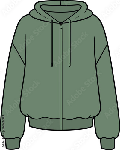 CAD drawing flat vector illustration of green hoodie, zipper front, drawstrings, ribbed cuffs, relaxed fit, fashion design, apparel template, stylish layout