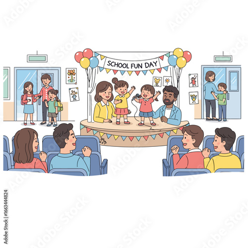 A family attending a school function or school fun day, watching children perform on stage in an auditorium with parents and teachers