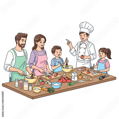 A family taking a cooking class together, learning to prepare a meal with a professional chef, focusing on food and culinary skills