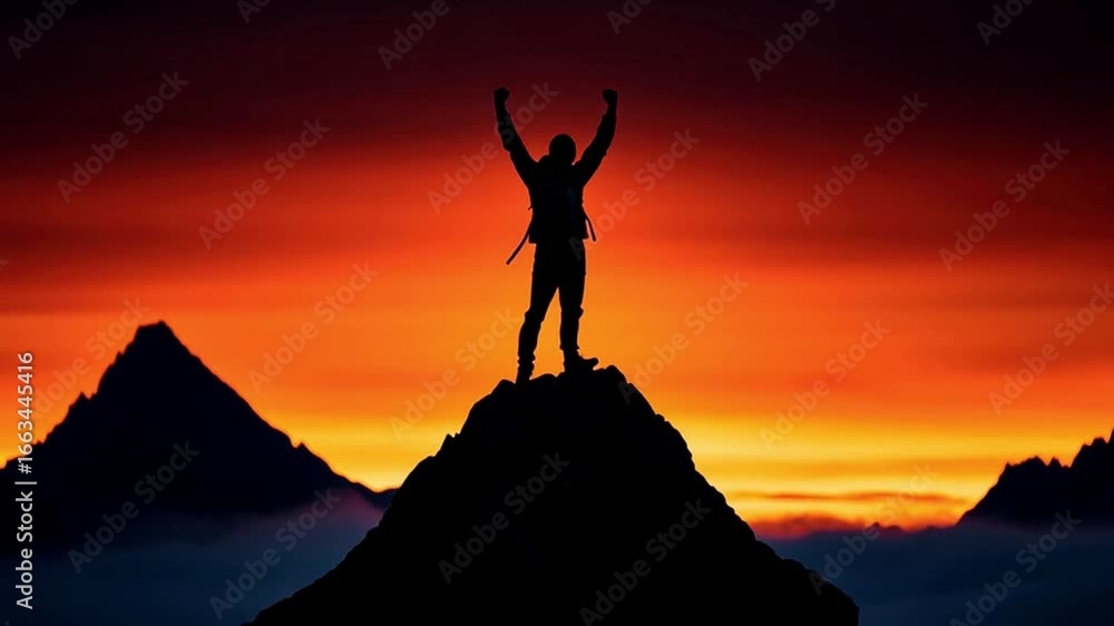 Adventurer silhouetted against a stunning sunset backdrop Adventurer silhouetted against a stunning sunset backdrop