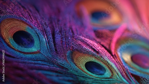 Close-up vibrant peacock feather textures