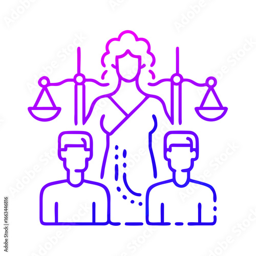 Icon of justice featuring Lady Justice and two individuals in minimalist design