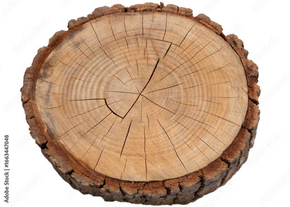 Fototapeta premium Cross Section of Tree Trunk Showing Growth Rings and Bark Detail Isolated on Black Background Ideal for Forestry Concepts