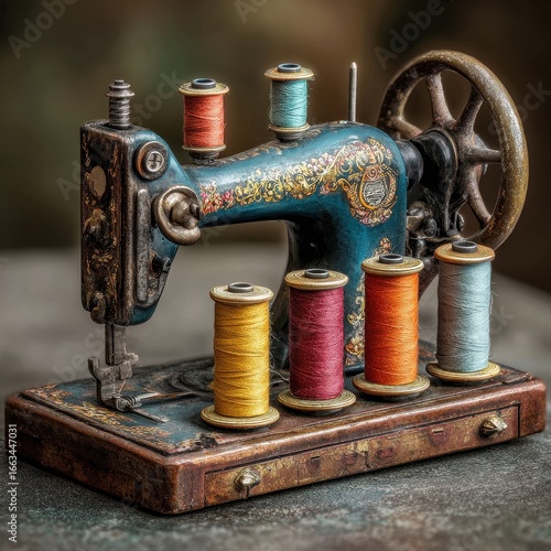 Vintage sewing machine, spools of thread, rustic setting, craft, hobby