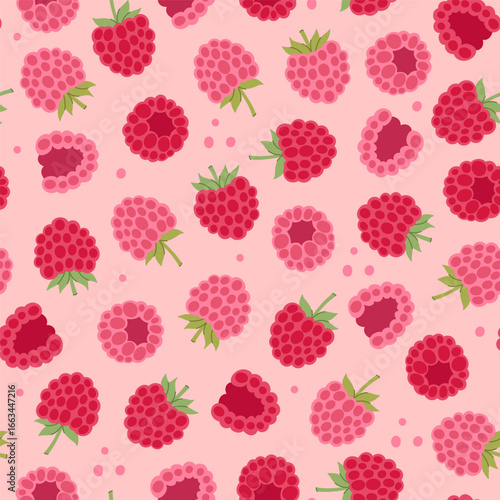 Seamless pattern with raspberries on a beige background. Vector graphics.