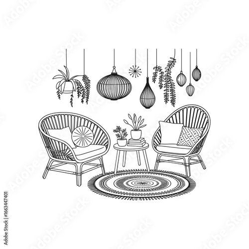 Cozy boho living room scene with wicker chairs plants and hanging pendant lights sketch white background