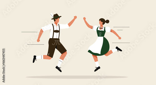 A dynamic flat design illustration capturing two figures in traditional Bavarian attire performing the energetic Schuhplattler folk dance