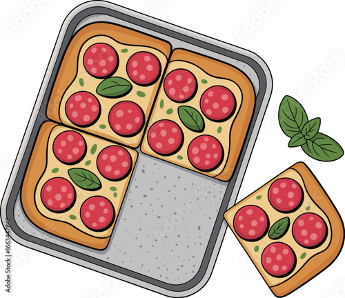 Delicious pepperoni pizza squares on a baking sheet, garnished with fresh basil leaves