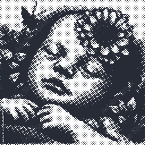 Newborn baby's serene, innocent face with a flower. Vector art portrait, black and white halftone style. Digital illustration.