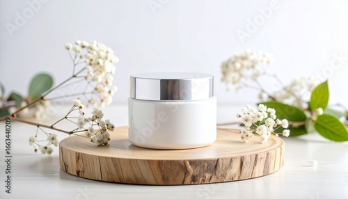 White Cream Jar Mockup with Flowers on Wooden Slice