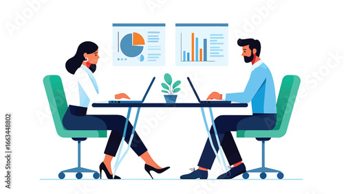 Business colleagues collaborating in a modern office, analyzing data charts and financial graphs on laptops. Vector illustration