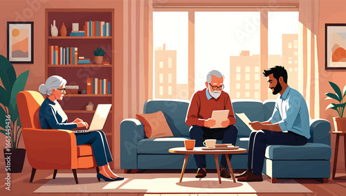 Senior couple receiving professional consultation from a financial advisor for retirement and estate planning in a modern home setting