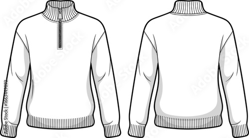CAD drawing flat vector illustration of half-zip pullover sweater, front and back views, ribbed cuffs and hem, technical fashion sketch, garment layout, stylish knitwear design