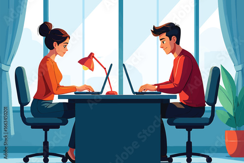 Collaborative Workspace Two Professionals Working Together on Laptops