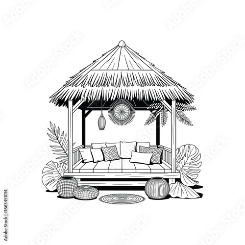 Tropical tiki hut relaxing oasis with plush cushions and lush vegetation sketch white background