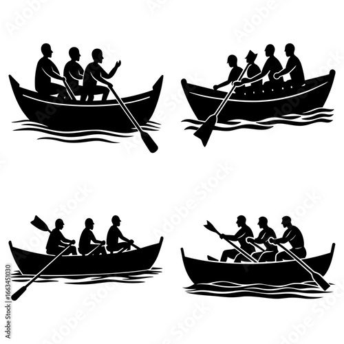 Four black silhouettes of people rowing boats on water in a vector image illustration art design
