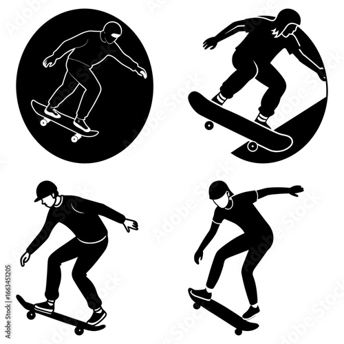 Four skateboarders in various poses performing tricks on skateboards in a black and white illustration