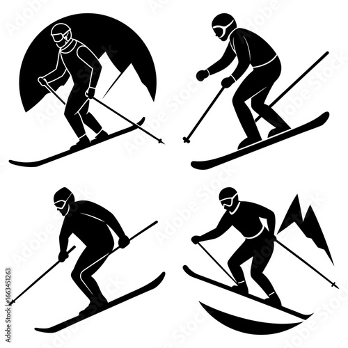 Four black and white silhouettes of skiers in various poses with mountain backgrounds and ski poles and skis