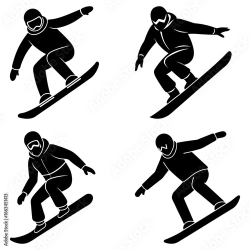 Four snowboarders in black silhouette performing different snowboarding stunts on a white background design