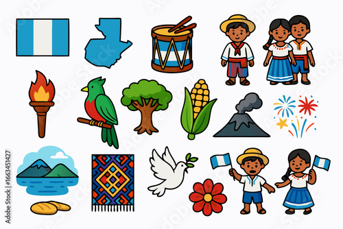 Flat Vector Icons Celebrating Guatemala Independence Day Featuring National Symbols Like Flag, Quetzal Bird, Liberty Torch, Volcano, Corn, Traditional Clothing, Woven Textile