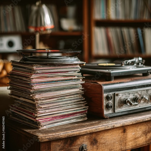 Vintage vinyl records on a wooden table, library background