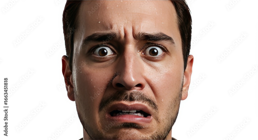 Fototapeta premium The intense and dramatic facial expression of a man filled with fear, shock, and disgust, isolated on a white studio background