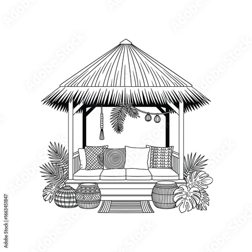 Tropical thatched hut gazebo with seating and lush greenery in a detailed outline sketch white background