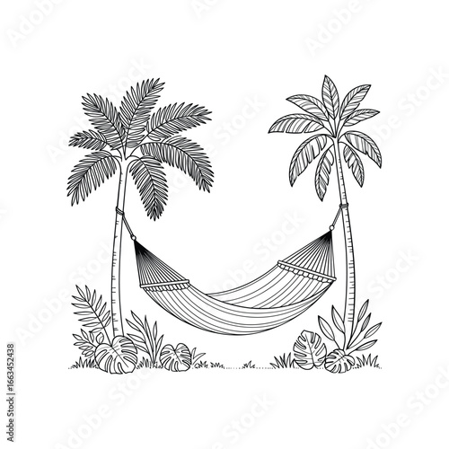 Idyllic tropical beach scene with two palm trees and a relaxing hammock between them white background