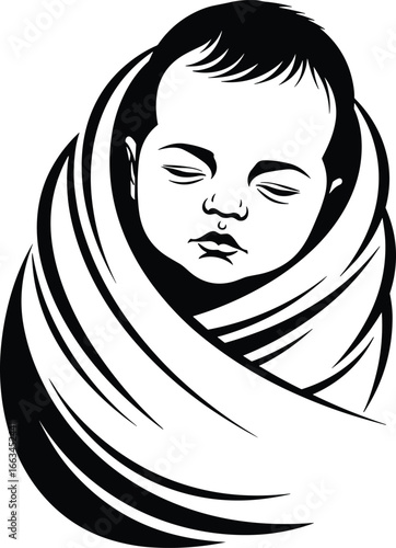 Black and white vector, sleeping baby wrapped in blanket, peaceful infant face, swaddled newborn, calm expression, minimalist design, warmth, care, tranquility