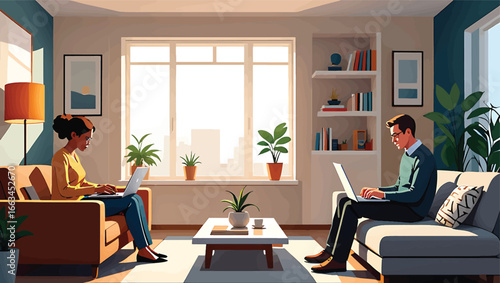 A modern vector illustration of a man and woman working remotely on laptops from the comfort of their sunlit living room interior
