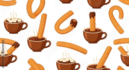 Delicious Churros and Chocolate: A Sweet Delight in Every Bite, Seamless Dessert Pattern, Tasty Snack, Spanish Treat, Ideal for Food Background
