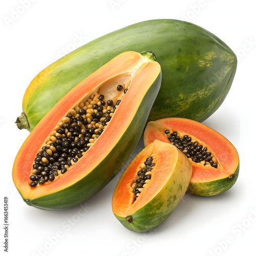 Wallpaper Mural Freshly cut ripe papayas showcasing vibrant orange flesh and black seeds on white background Torontodigital.ca