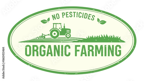 Organic Farming Label with Tractor and Green Field Illustration